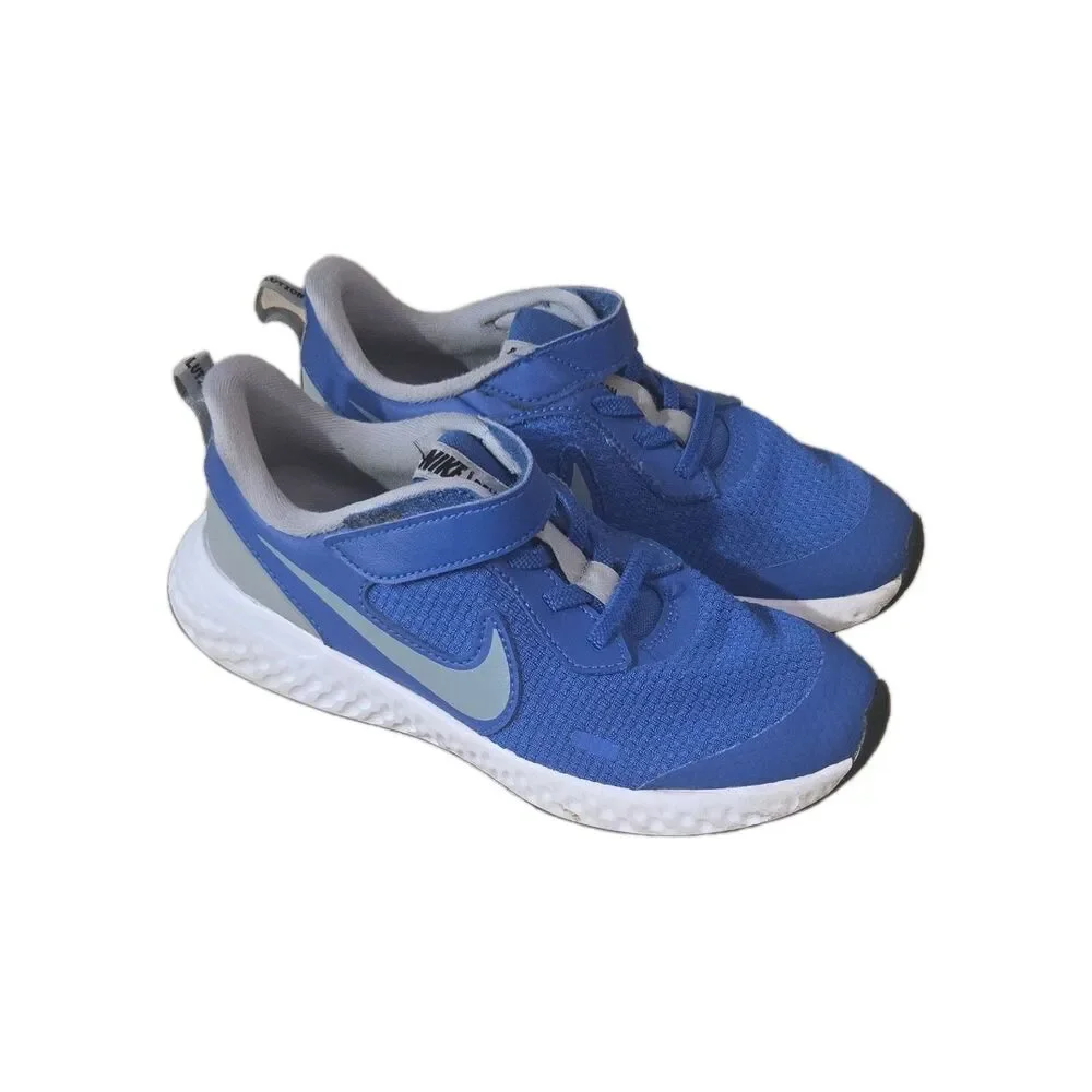 Nike Revolution Unisex Kids Blue/Gray Hook & Loop Mesh Sneakers US 1Y EU 13.5